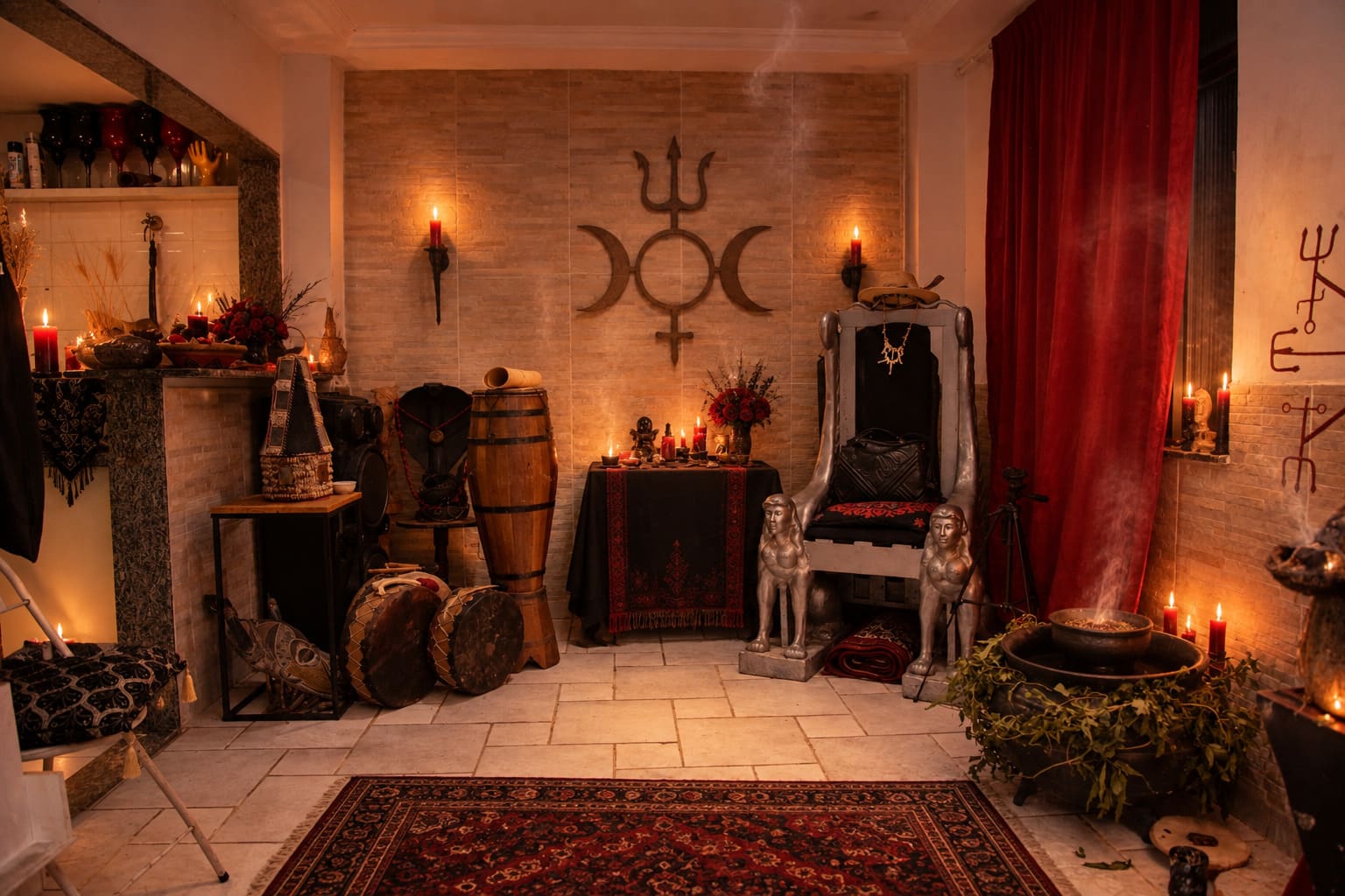 aAltar oculto do Templo da Serpente Negra à luz de velas com símbolos esotéricos, estátuas, castiçais e objetos rituais