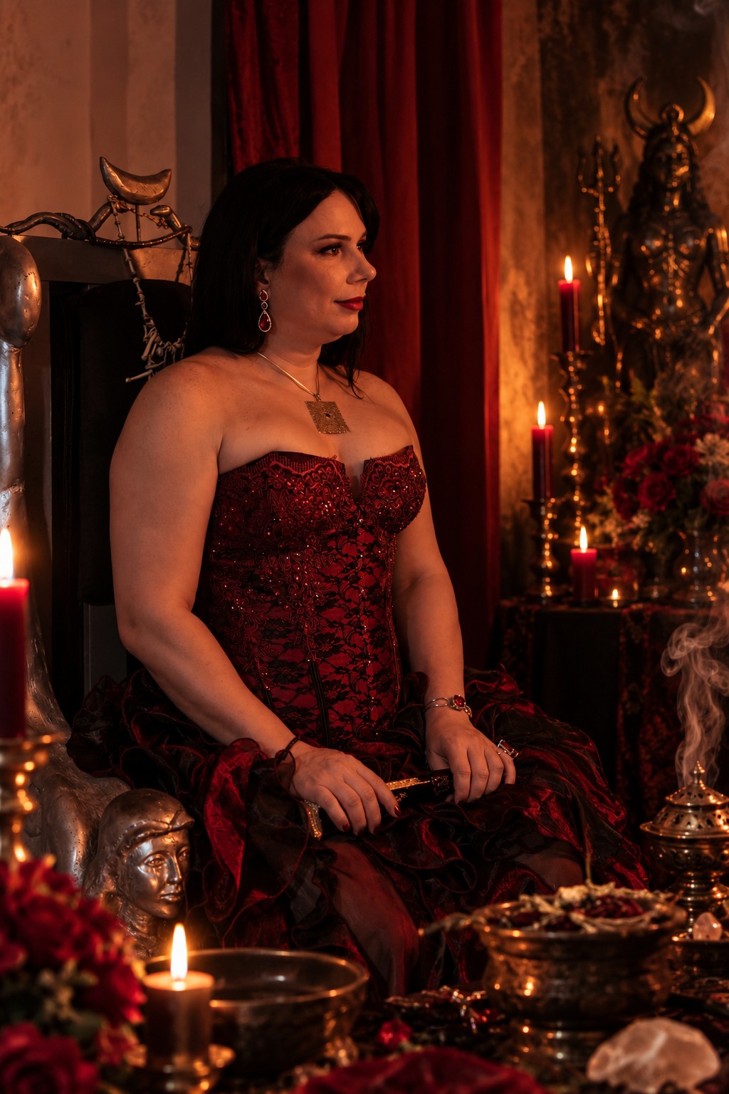aLilith no Templo da Serpente Negra com vestes cerimoniais bordeaux, altar com estatuetas e velas em ritual de quimbanda luciferiana