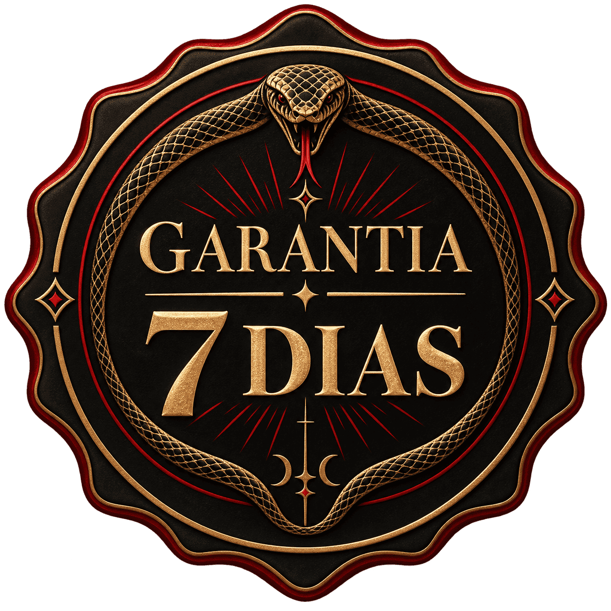 Selo de garantia de 7 dias do Templo da Serpente Negra com serpente dourada ouroboros em fundo preto