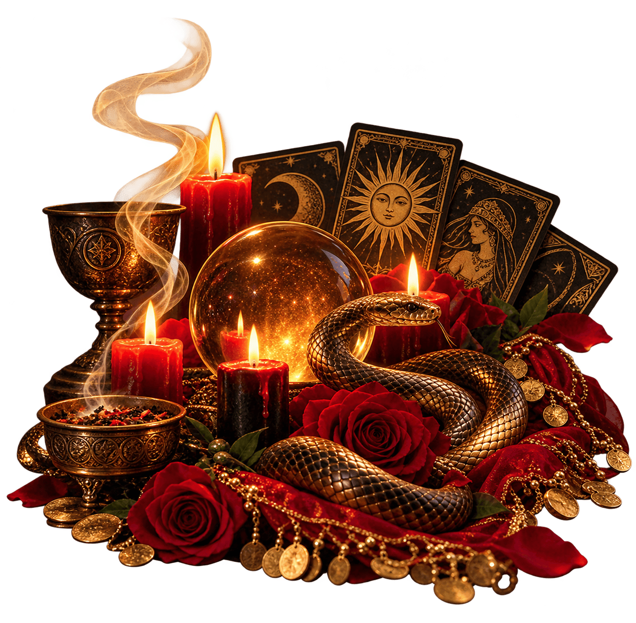Altar místico do Templo da Serpente Negra com cristal, serpente dourada, velas acesas, cartas de tarô e rosas vermelhas