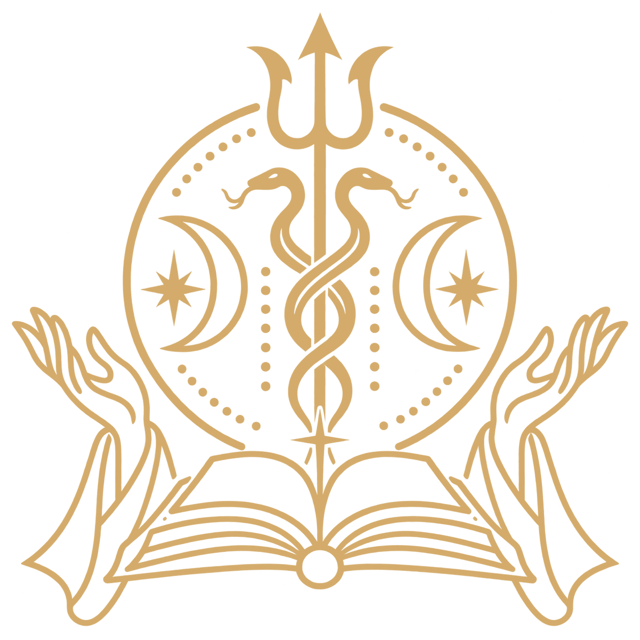 Ícone dourado de aprofundamento e iniciação espiritual com tridente, serpentes, luas e livro aberto – Templo da Serpente Negra