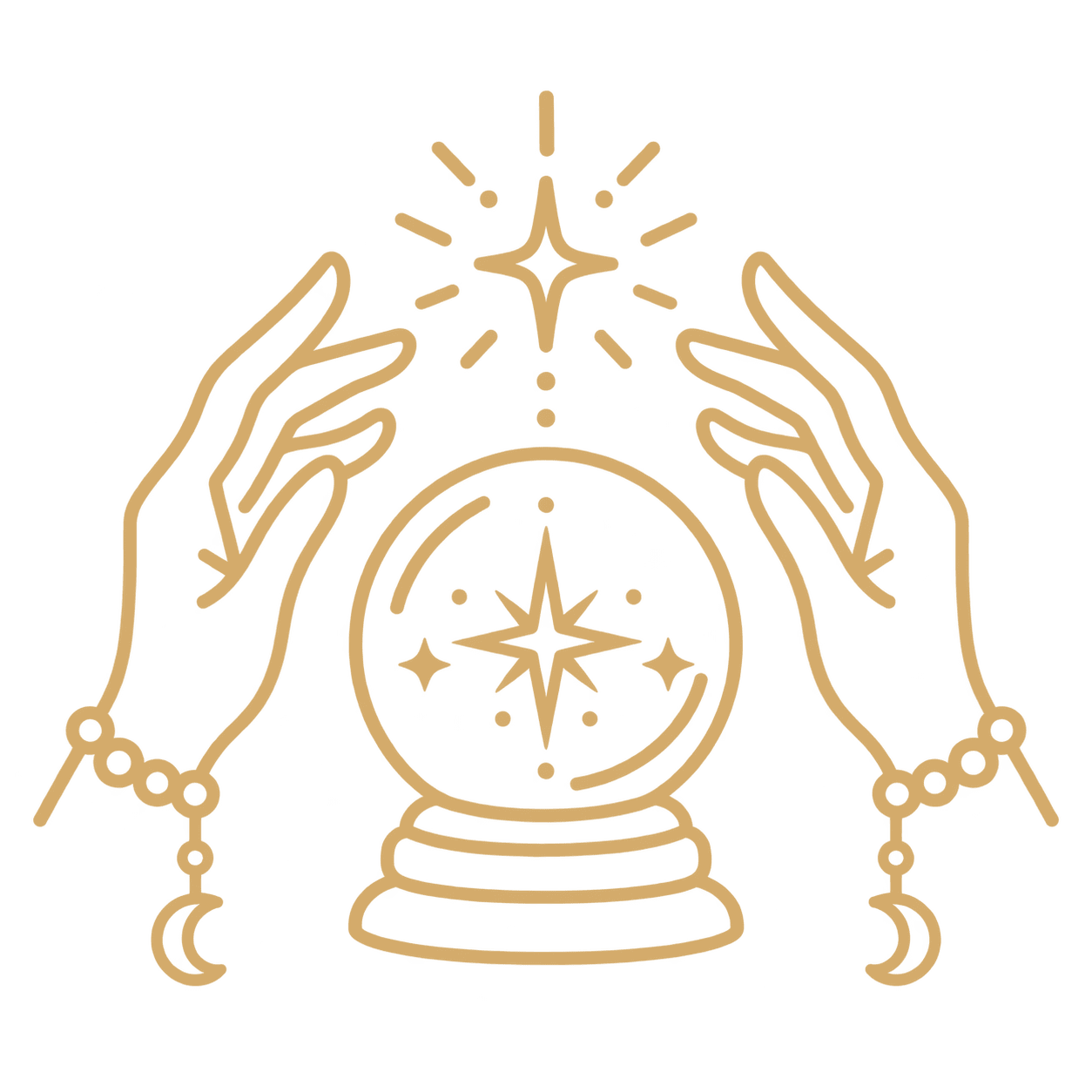 Ícone dourado de consultas e orientação espiritual com bola de cristal e mãos – Templo da Serpente Negra