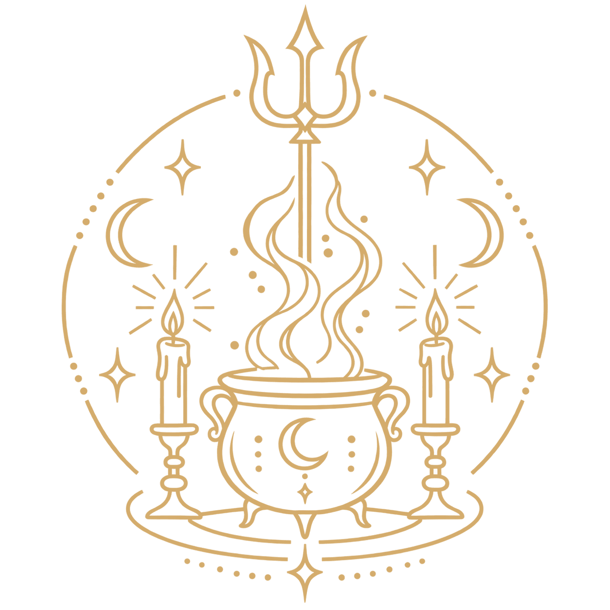 Ícone dourado de ritualística direcionada com serpentes, velas e caldeirão – Templo da Serpente Negra