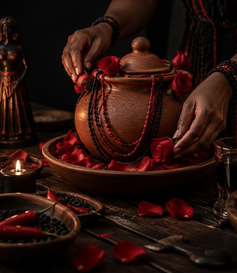 Preparo de padê ritual com panela de barro, rosas, pulseiras de contas, velas e estatueta no Templo da Serpente Negra